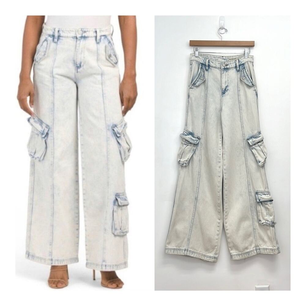 Blank NYC Wide Leg Baggy Cargo Pocket Jeans Light Acid Wash Distressed - Size 26